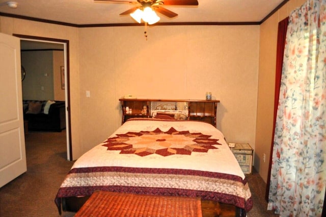 bedroom with carpet flooring, ceiling fan, and crown molding