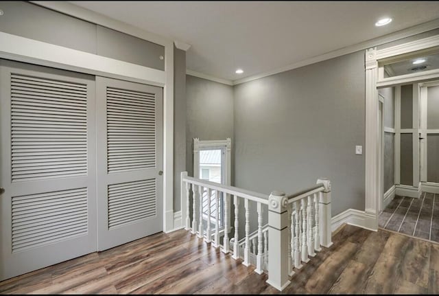 hallway featuring dark hardwood / wood-style floors and crown molding