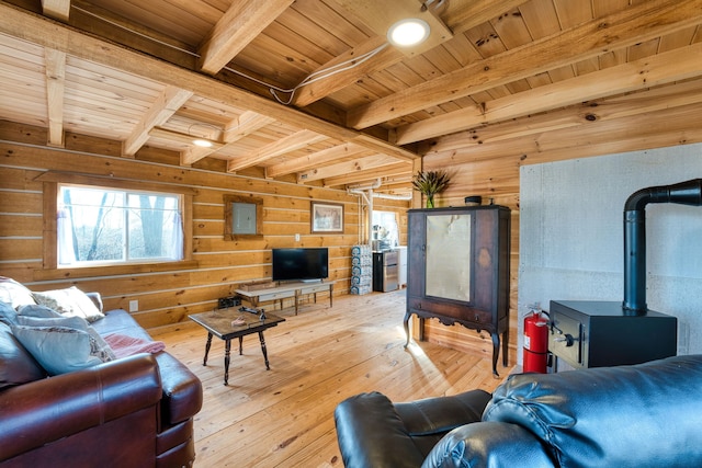 living room with a wood stove, wooden walls, beam ceiling, wood-type flooring, and wood ceiling