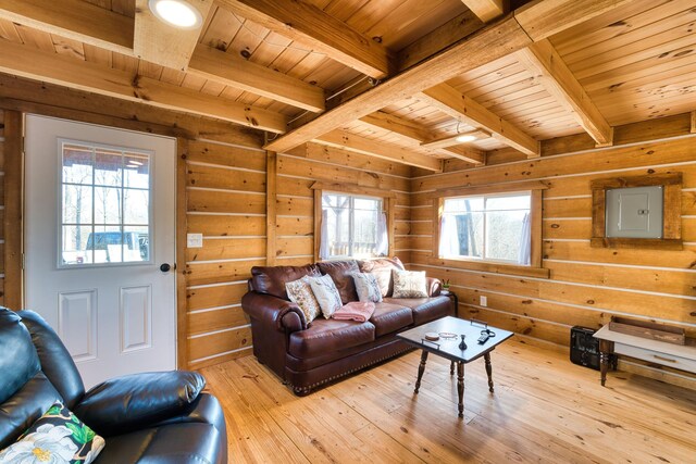 living room with beam ceiling, electric panel, wood ceiling, and light wood-type flooring