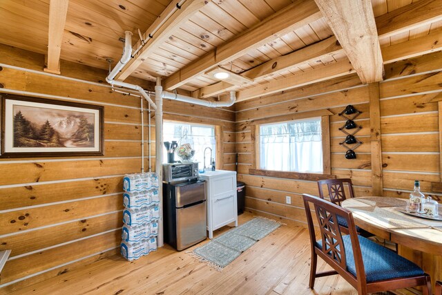 office area with beam ceiling, sink, wooden ceiling, and light wood-type flooring