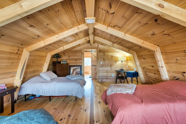 bedroom with lofted ceiling with beams, wood walls, wood-type flooring, and wood ceiling