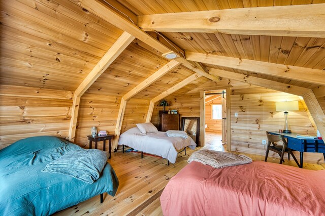 bedroom featuring wood-type flooring, lofted ceiling with beams, wooden walls, and wooden ceiling