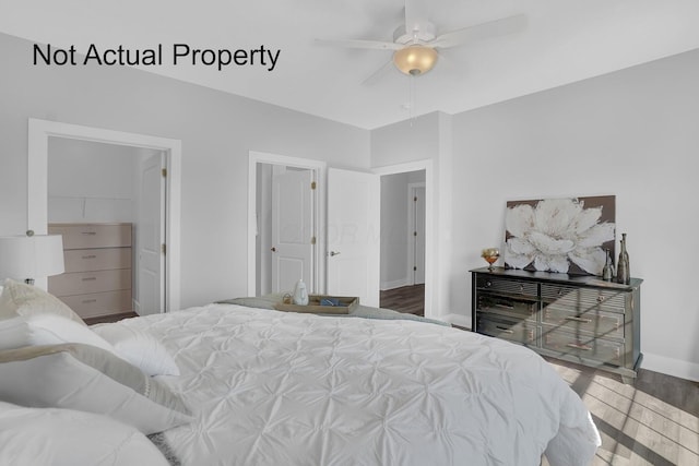 bedroom with a walk in closet, hardwood / wood-style flooring, and ceiling fan