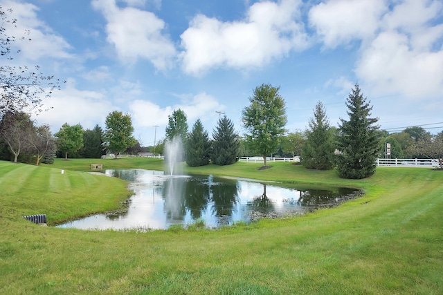 view of property's community featuring a water view and a lawn