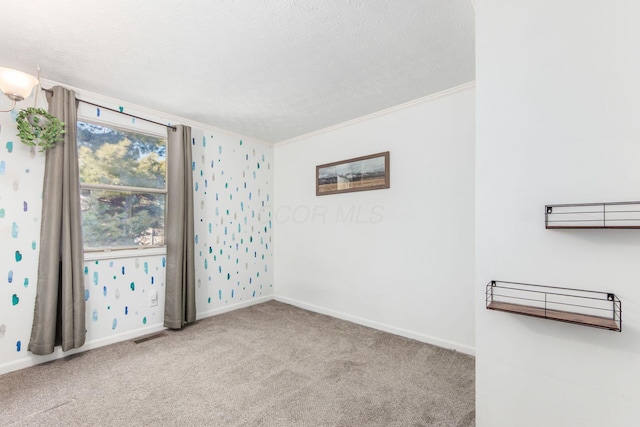 carpeted spare room with a textured ceiling and crown molding