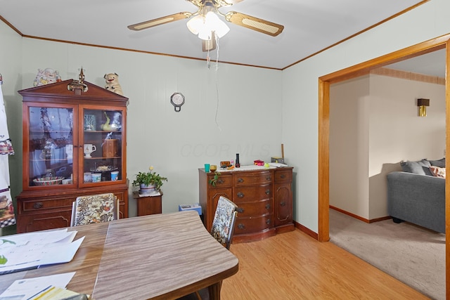 dining room with ceiling fan, light hardwood / wood-style floors, and ornamental molding