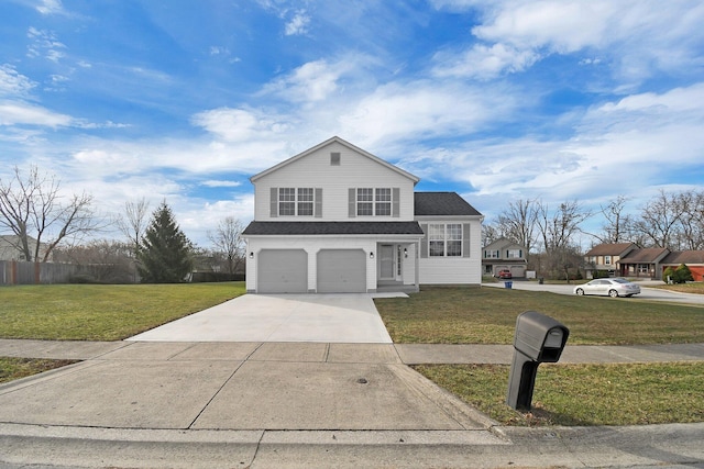 front facade with a garage and a front lawn