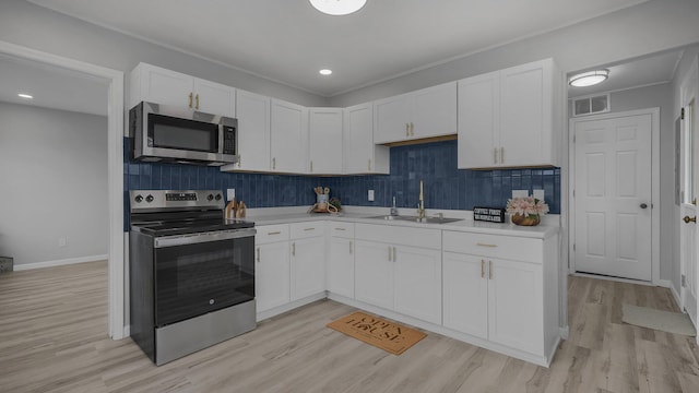 kitchen featuring sink, backsplash, appliances with stainless steel finishes, white cabinets, and light wood-type flooring