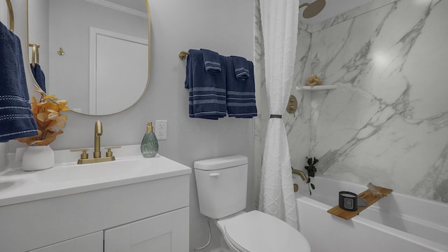 full bathroom with toilet, shower / tub combo with curtain, vanity, and ornamental molding