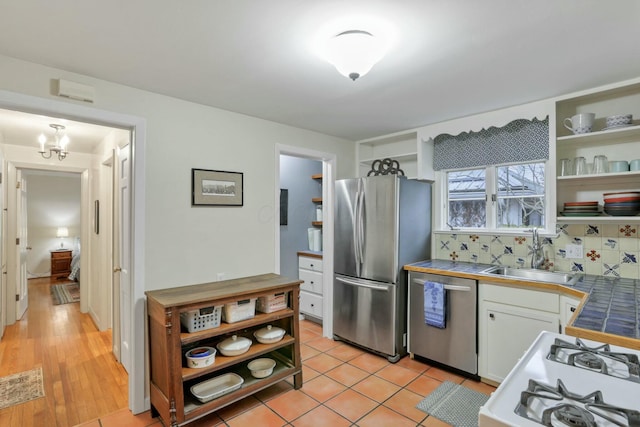 kitchen with sink, decorative backsplash, light tile patterned floors, white cabinetry, and stainless steel appliances