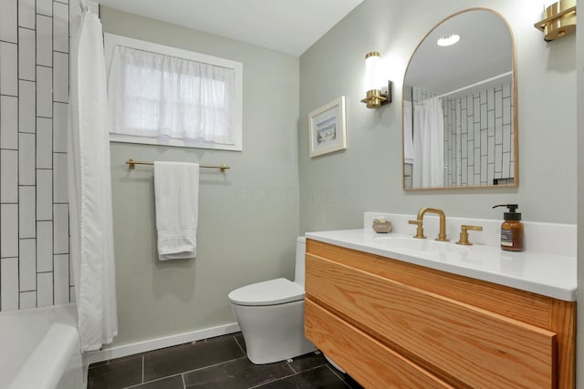 full bathroom with tile patterned floors, vanity, shower / bath combination with curtain, and toilet