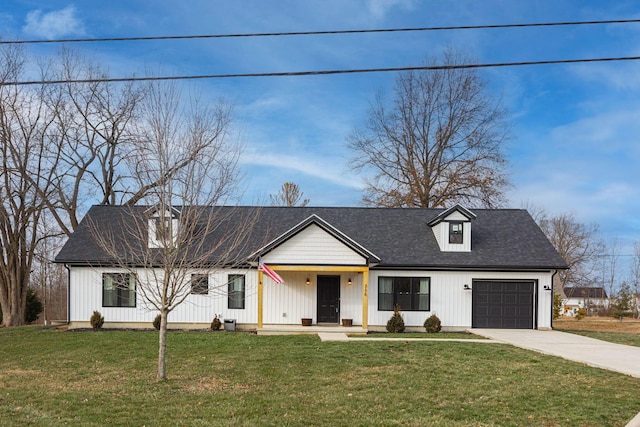 modern inspired farmhouse with a porch, a garage, and a front yard