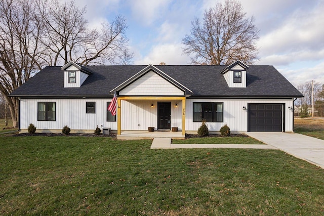 modern inspired farmhouse with central AC, a front yard, and a garage