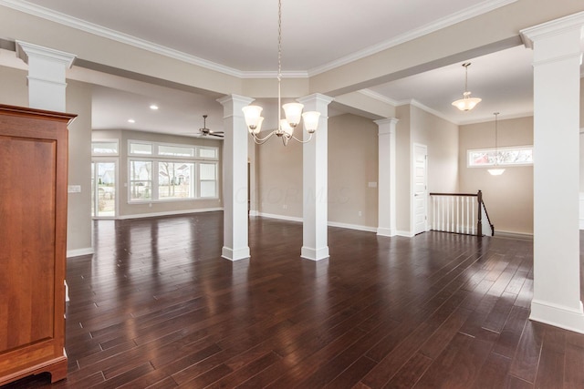 unfurnished dining area featuring crown molding, dark hardwood / wood-style flooring, and ceiling fan with notable chandelier