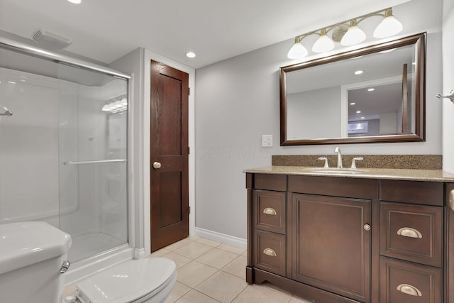 bathroom with tile patterned flooring, an enclosed shower, vanity, and toilet