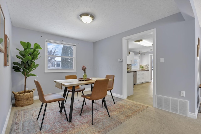 carpeted dining space featuring a textured ceiling