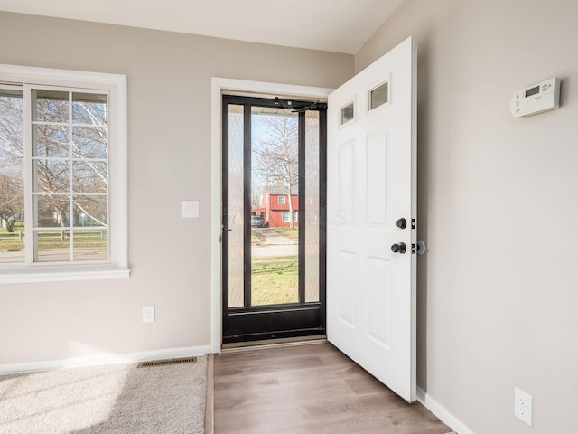 doorway featuring a healthy amount of sunlight and light hardwood / wood-style flooring