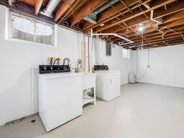 laundry room with electric panel and washing machine and dryer