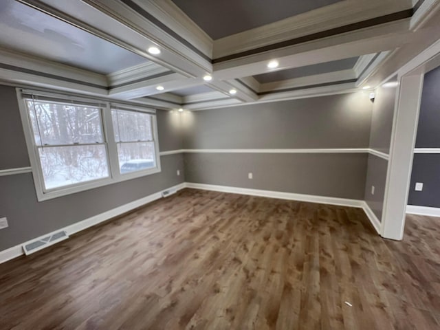 unfurnished room with dark hardwood / wood-style floors and crown molding