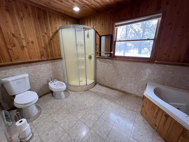 bathroom with wood ceiling, separate shower and tub, a bidet, toilet, and wood walls