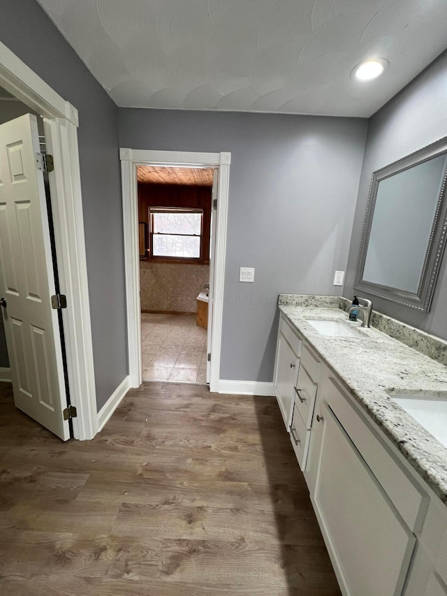 bathroom with hardwood / wood-style floors and vanity