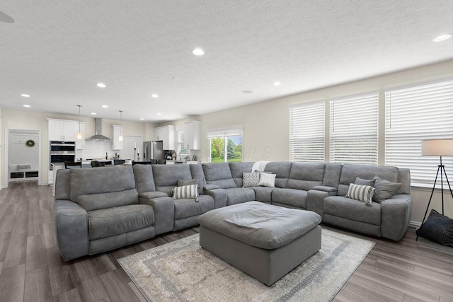531 White Fawn Run, Delaware, OH 43015 - living room featuring a textured ceiling, recessed lighting, wood finished floors, and baseboards