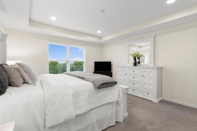 531 White Fawn Run, Delaware, OH 43015 - bedroom featuring a tray ceiling, light carpet, baseboards, and recessed lighting