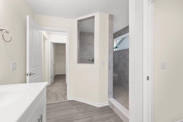 531 White Fawn Run, Delaware, OH 43015 - bathroom with walk in shower, wood finished floors, baseboards, vanity, and a walk in closet