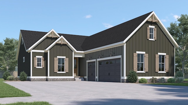 view of front of house featuring a garage, a shingled roof, board and batten siding, and concrete driveway