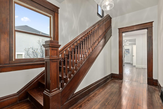 stairs featuring plenty of natural light and hardwood / wood-style floors