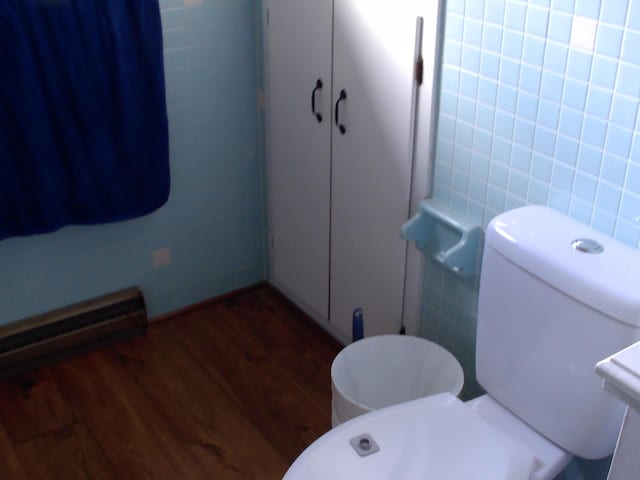 bathroom featuring baseboard heating, toilet, tile walls, and hardwood / wood-style flooring