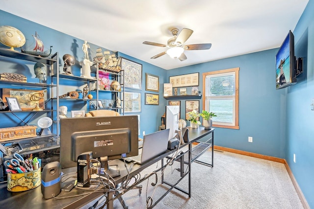 office area with carpet flooring and ceiling fan