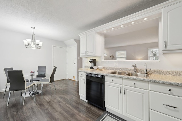 kitchen with sink, dishwasher, hanging light fixtures, dark hardwood / wood-style floors, and white cabinets