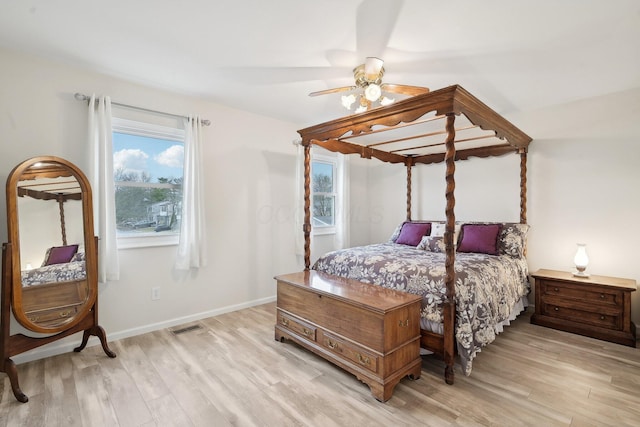 bedroom featuring ceiling fan and light hardwood / wood-style flooring