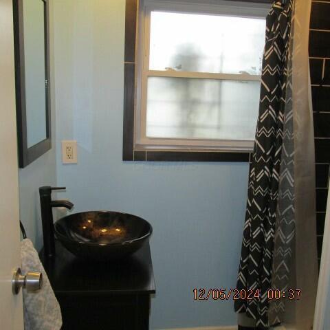 bathroom with vanity and walk in shower