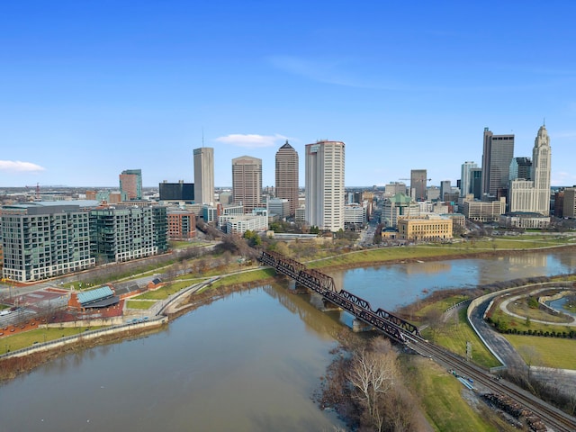 property's view of city featuring a water view