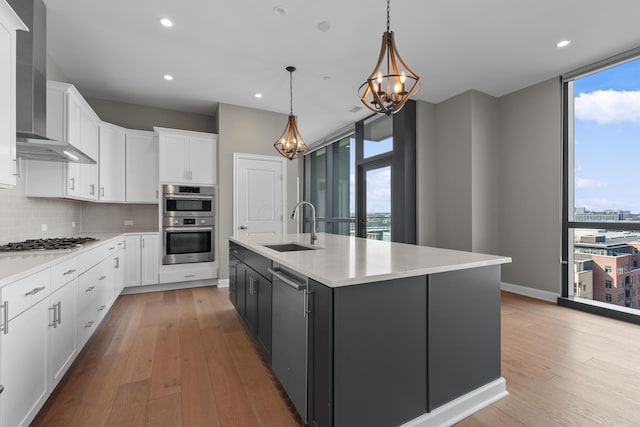 kitchen featuring stainless steel appliances, a sink, wall chimney exhaust hood, tasteful backsplash, and a wall of windows