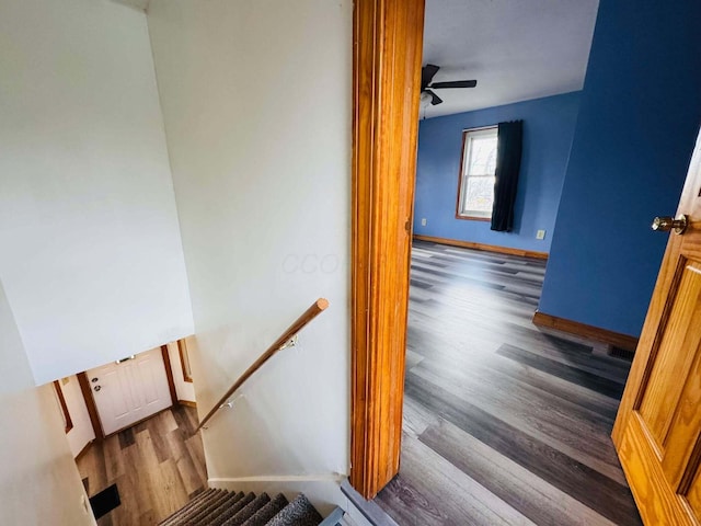 staircase with hardwood / wood-style floors and ceiling fan