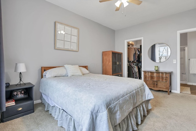 carpeted bedroom with ceiling fan, a walk in closet, and a closet