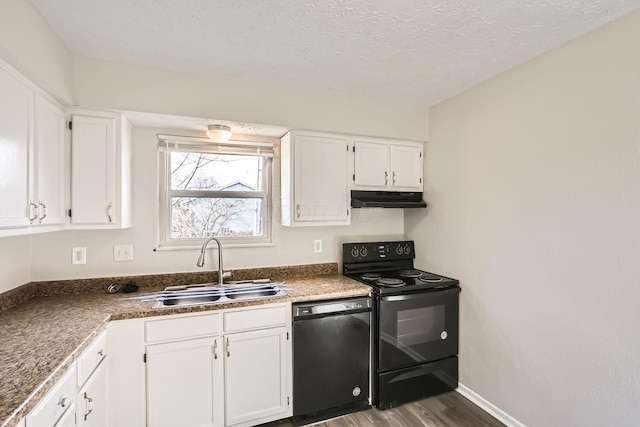 kitchen with black appliances, dark hardwood / wood-style floors, white cabinetry, and sink