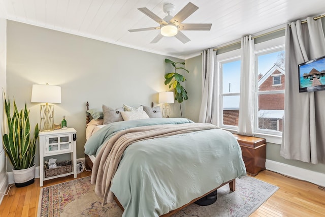 bedroom featuring multiple windows, wooden ceiling, and light hardwood / wood-style floors