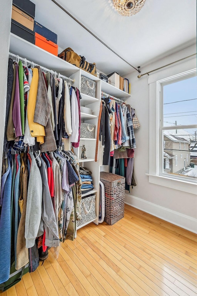 walk in closet with hardwood / wood-style floors