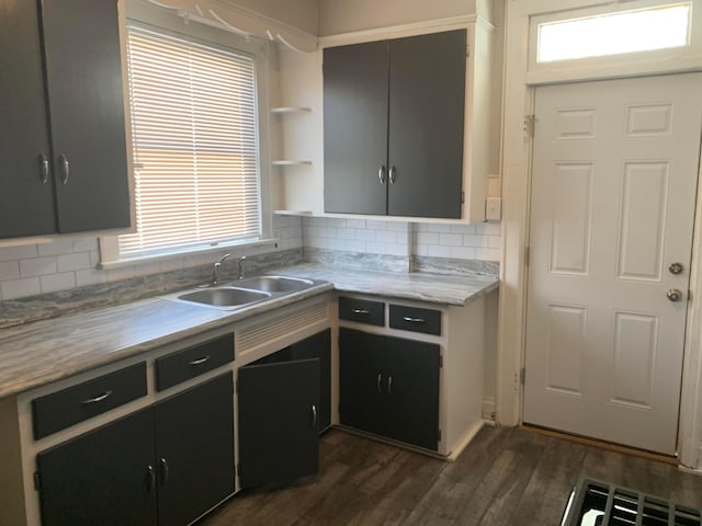 kitchen featuring decorative backsplash, dark hardwood / wood-style flooring, and sink