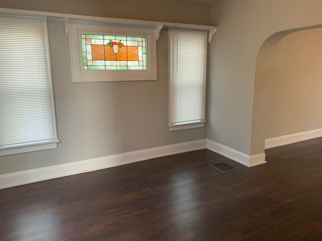 unfurnished room featuring plenty of natural light and dark wood-type flooring