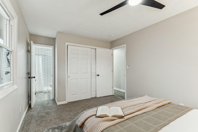 carpeted bedroom featuring ceiling fan and a closet