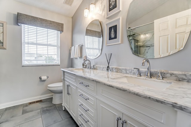 bathroom with a shower, vanity, and toilet