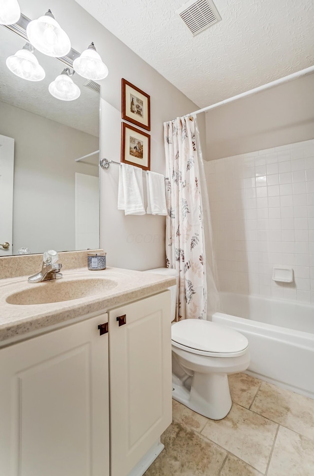 full bathroom featuring vanity, shower / bath combo, toilet, and a textured ceiling