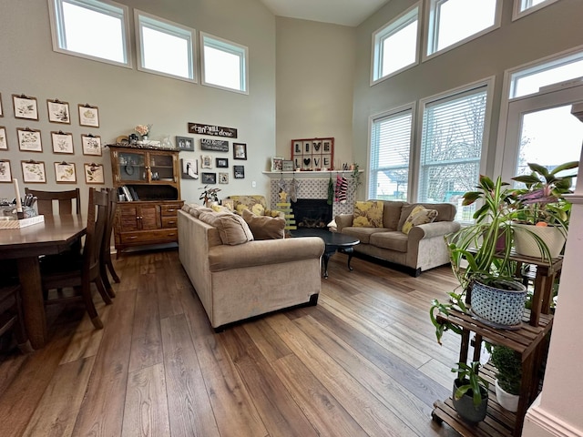 living room featuring wood-type flooring, a high ceiling, and a tiled fireplace