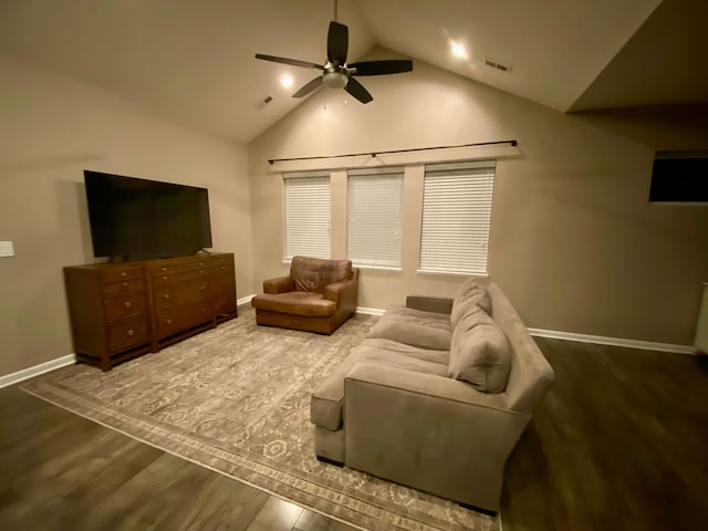 living room with ceiling fan, high vaulted ceiling, and hardwood / wood-style floors